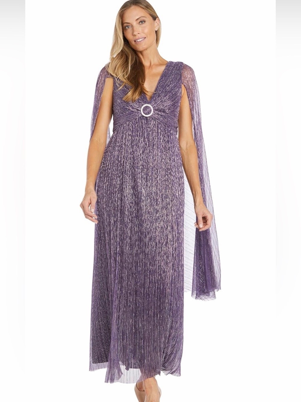 NWT R&M Richards Lavender Metallic V-Neck Maxi Dress with Rhinestone Buckle, 14